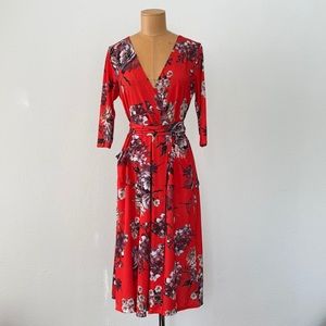 ASOS Red Orange with purple and tan Flower Print A-line Dress with pockets